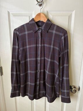 Lands' End boyfriend flannel eggplant Plaid Button-Down Shirt with Blue Check